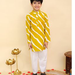 AJ Dezines Cotton Woven Full Sleeves Leheriya Printed Kurta Pyjama Set - Mustard-image-8