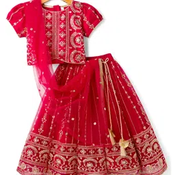 Babyhug Woven Half Sleeves Floral Embroidered Choli Lehenga & Dupatta Set - Maroon-picture-18