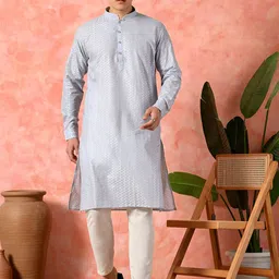 7 GEN Geometric Embroidered Thread Work Mandarin Collar Pure Cotton Straight Kurta-image-94