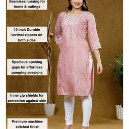 True Shape Three Fourth Sleeves Abstract Printed Maternity Kurta With Nursing Access - Red image 5