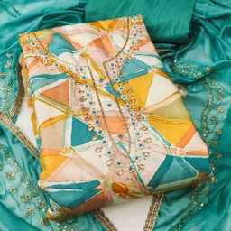 SAINOOR Geometric Printed Beads And Stones Pure Silk Semi-Stitched Dress Material-image-75