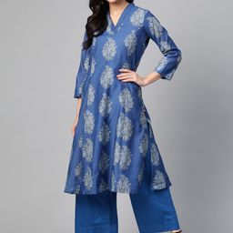 Biba Women Navy Blue & Grey Floral Printed Kurta with Palazzos-27