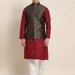 SOJANYA Men Maroon Embroidered Mirror Work Kurta with Pyjamas With Nehru Jacket-24