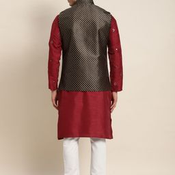 SOJANYA Men Maroon Embroidered Mirror Work Kurta with Pyjamas With Nehru Jacket image 5