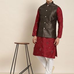 SOJANYA Men Maroon Embroidered Mirror Work Kurta with Pyjamas With Nehru Jacket image 3