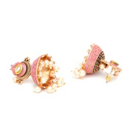 Karatcart Antique Gold-Plated Polki Kundan Studded Pink Meena Jhumki Earrings for Women image 5