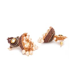 Karatcart Antique Gold-Plated Polki Kundan Studded Maroon Meena Jhumki Earrings for Women image 5