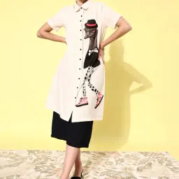 StyleStone Off White & Black Quirky Printed Lose Shirt With Culottes-picture-20