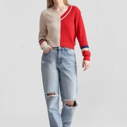 Only Beige & Red Color-block Pullover image 5