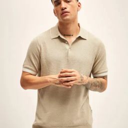 The Bear House Beige Cotton Regular Fit Self Pattern Polo T-Shirt-image-42