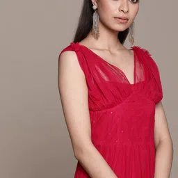 Antheaa Red Ruched Embellished Net Maxi Dress-image-23