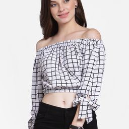 Cation Women White Checked Bardot Top-image-30