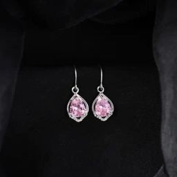 Clara 925 Silver Platinum Plated Swiss Zirconia Jino Pink Pear Solitaire Earrings for Women-image-5
