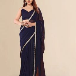 FABMORA Navy Blue Solid Saree with Unstitched Blouse-picture-24