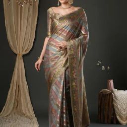 Saree Mall Grey Organza Self Saree with Blouse Piece-picture-9