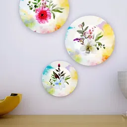 Homscape Set Of 3 White & Yellow Printed Ceramic Wall Plates-9