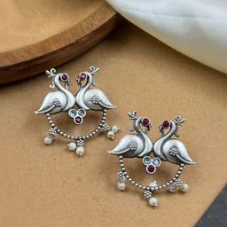 NAMAN ARTS Silver-Plated Stones Studded & Beaded Animal Shaped Oxidised Drop Earrings-image-60