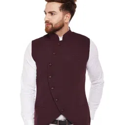 Hypernation Burgundy Slim Fit Solid Cotton Waistcoat-image-2