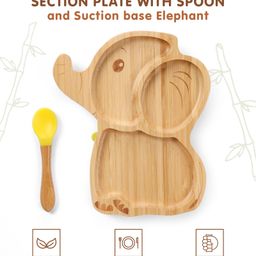 Elephant Shaped Bamboo Wooden 3 Compartment Section Plate with Spoon Suction Base - Beige & Yellow-9
