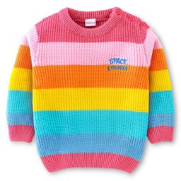Babyhug 100% Acrylic Knit Full Sleeves Sweater Stripes & Text Embroidery - Yellow Blue & Pink-image-15