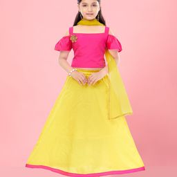 Aarika Cold Shoulder Half Sleeves Flower Applique Detailed Choli With Coordinating Lehenga & Dupatta Set - Rani Pink & Yellow-image-17