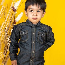Polka Tots Full Sleeves Solid Denim Shirt - Black-image-26