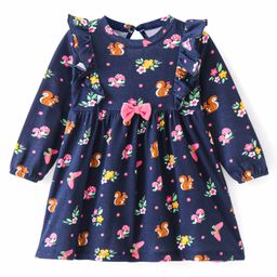 Babyhug Cotton Knit Full Sleeves Frock Floral Print & Frill Detailing with Bow Applique - Navy Blue-image-60