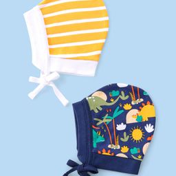 Babyhug 100% Cotton Knit Striped & Dino Printed Caps with Knot Pack of 2 - Navy Blue & Yellow-image-83