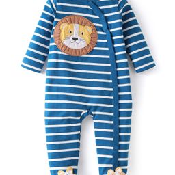 Babyhug Cotton Knit Full Sleeves Sleep Suit With Bow & Kitten Applique - White & Blue-image-85