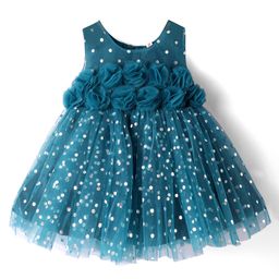 Babyhug Woven Sleeveless Fit & Flared Textured Foil Printed Party Dress with Floral Applique - Teal Blue-image-21