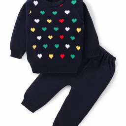 Babyhug Knitted Full Sleeves Pullover Sweater Set With Heart Design - Navy-picture-6