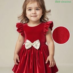 BabyoyeWoven Frill Sleeves Solid Colour Party Frock with Sequined Bow Applique - Red-picture-2