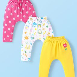 Babyhug Interlock Knit Full Length Diaper Leggings Floral Print Pack of 3 - Pink Yellow & White-image-71