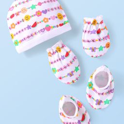 Babyhug Interlock Knit Cap Mittens & Booties Set with Text Print White - Diameter 10 cm-image-60