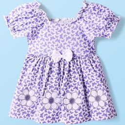 Babyhug Single Jersey Knit Half Puffed Sleeves Butterfly Printed Frock with Floral Patch & Bow Applique - White-image-23