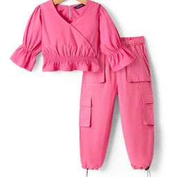 Pine Kids Poplin Woven Full Sleeves Solid Top & Lounge Pant Set - Dark Pink-image-28