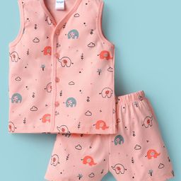 Tango Single Jersey Knit Front Open Sleeveless with Elephant Print Jhabla & Shorts Set - Pink-image-8