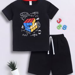 Little Ninja Cotton Half Sleeves Rubiks Cube Printed Tee & Shorts Set - Black-image-60