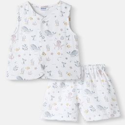 Nauti Nati Cotton Woven Knit Sleeveless Sea Life Printed Coordinating Shirt & Shorts Set - White-image-73