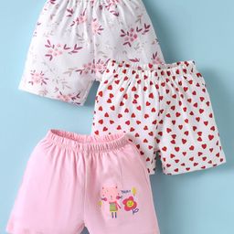 OHMS Single Jersey Knit Knee Length Shorts With Hearts & Floral Print Pack Of 3 - Red Pink & White-image-49