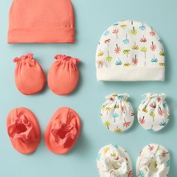 Ben Benny 100% Cotton Knit Cap Mitten & Booties Set With Solid Colour & Trees Print Pack Of 2 Light Red & White - Diameter 9 cm-picture-10
