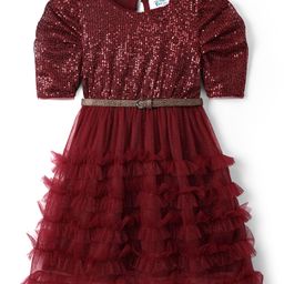 Hola Bonita Knit Half Sleeves Party Wear Dress & Belt With Sequin Mesh & Ruffles - Maroon-image-38
