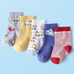 Cute Walk By Babyhug Cotton Knit Ankle Length Anti Bacterial Socks With Stripes & Vehicles Design Pack Of 5 - Multi Colour-picture-8