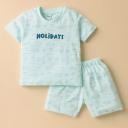 Tango Single Jersey Knit Half Sleeves Beach Theme Print T-Shirt & Short Set - Aqua Blue-image-95