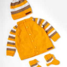 The Original Knit Knit Full Sleeves Striped Sweater With Coordinating Cap & Socks Set - Yellow & Brown-picture-35