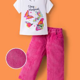 OLLINGTON ST. Cotton Knit Butterfly Printed Half Sleeves Top & Corduroy Pant Set - White & Pink-picture-13