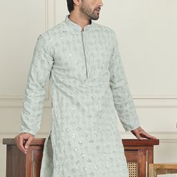 Anouk Green Geometric Embroidered Sequinned Mandarin Collar Silk Kurta-image-31