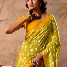 Mitera Floral Zari Block Print Saree image 4