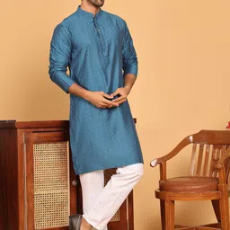 Anouk Blue Geometric Woven Design Mandarina Collar Kurta With Trouser-picture-58