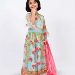 Elaisha Girls Sea Green & Pink Regular Fit Lehenga Choli-image-2